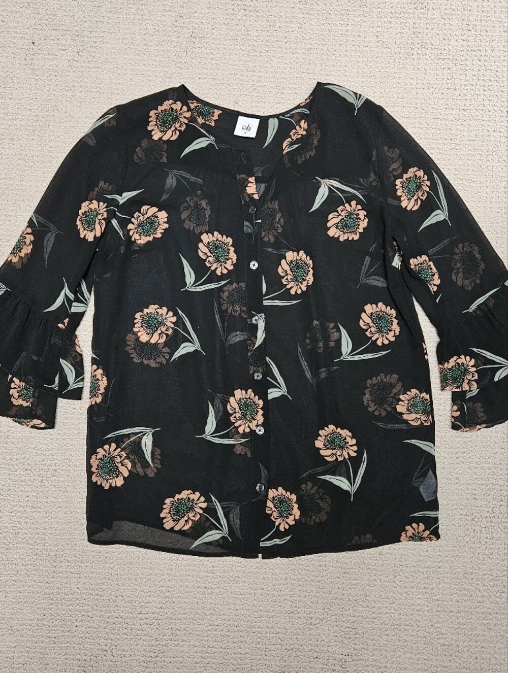 CAbi Black Button-Up Blouse with Peach Floral Accents
